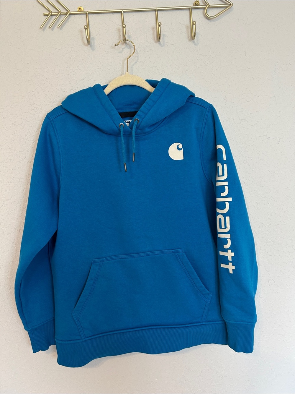 Carhartt Girls Large 12–14 Blue Relaxed Fit Logo Sleeve Pullover Hoodie